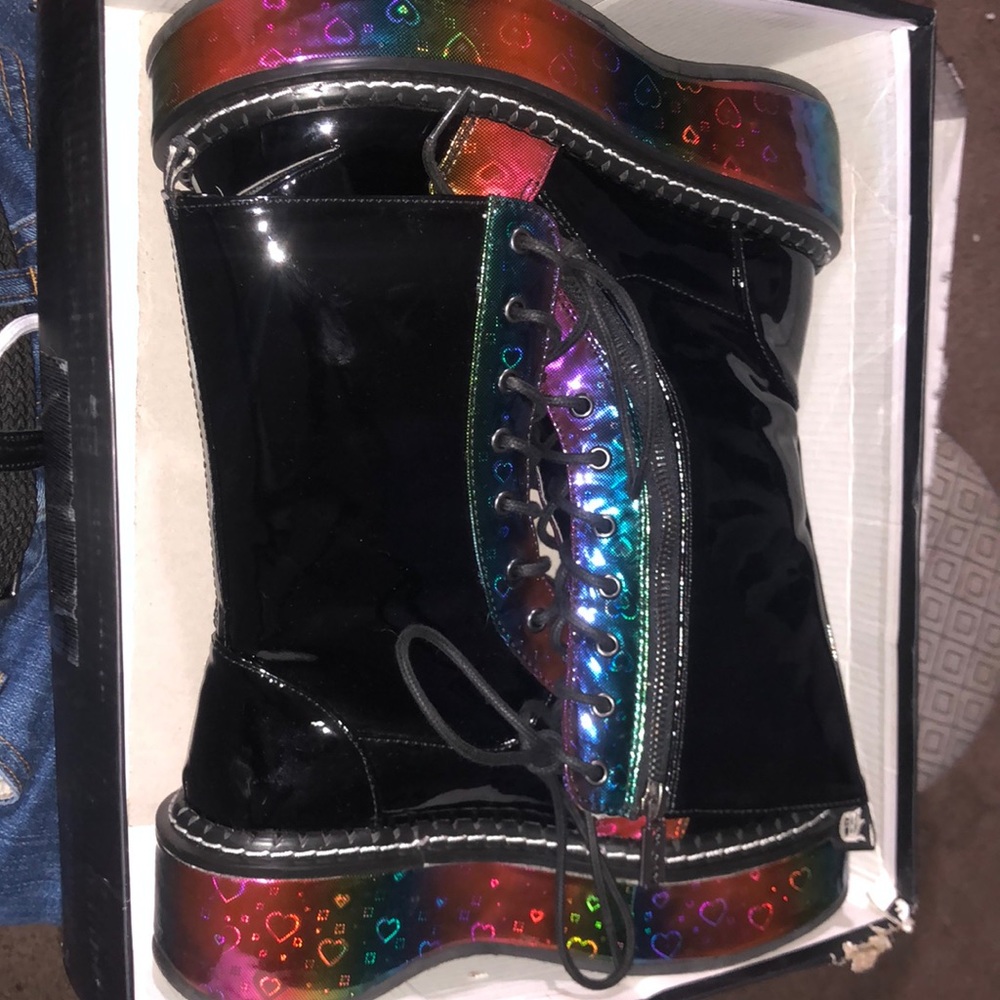 Demonia Shoes | Black Patent - Rainbow hologram w/ Hearts